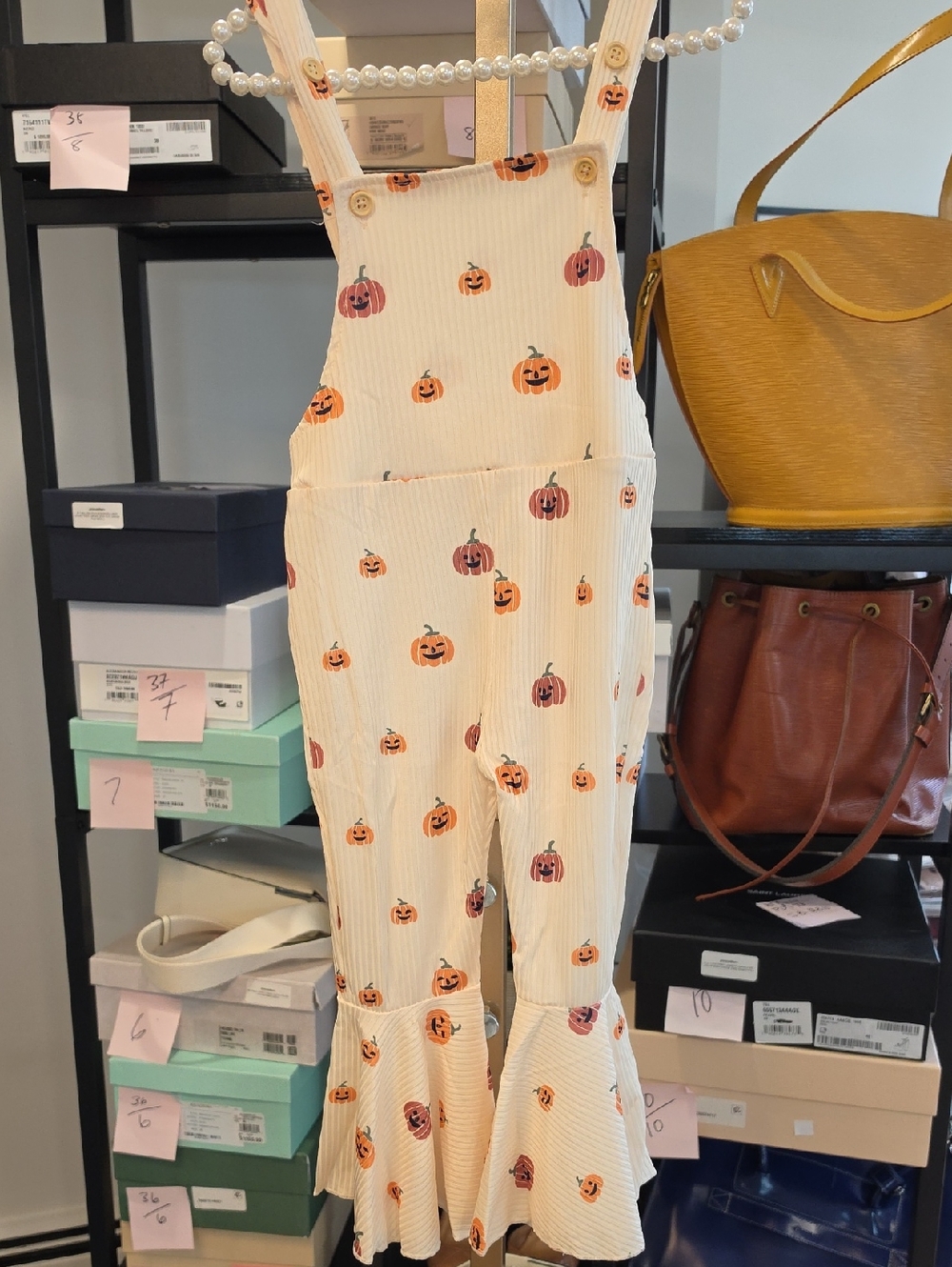 Cream Pumpkin Print Ribbed Kids Overalls Romper